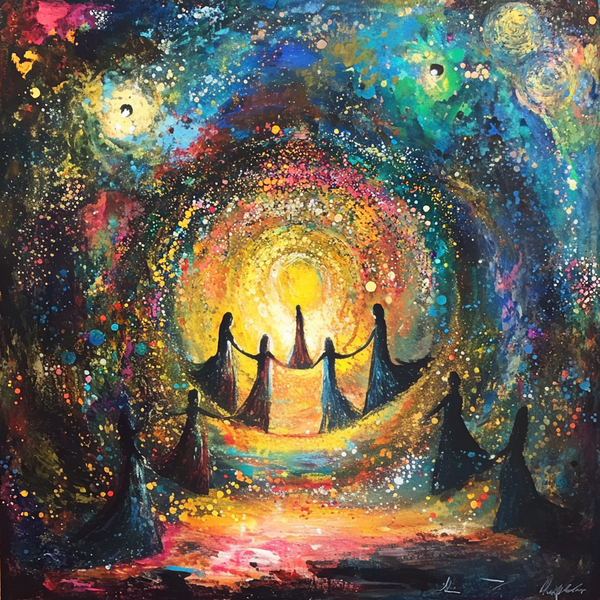Humans gathered in the rainbow of colors in community to heal